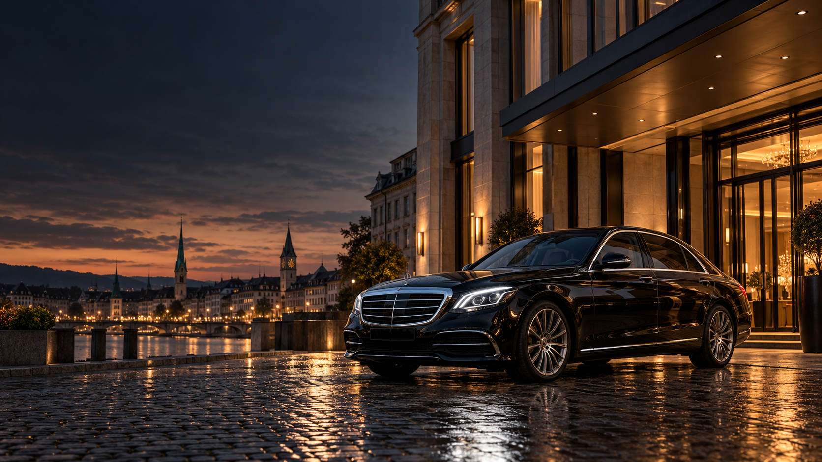 Illustrative Limousine vor einem beleuchteten Stadthotel bei Nacht